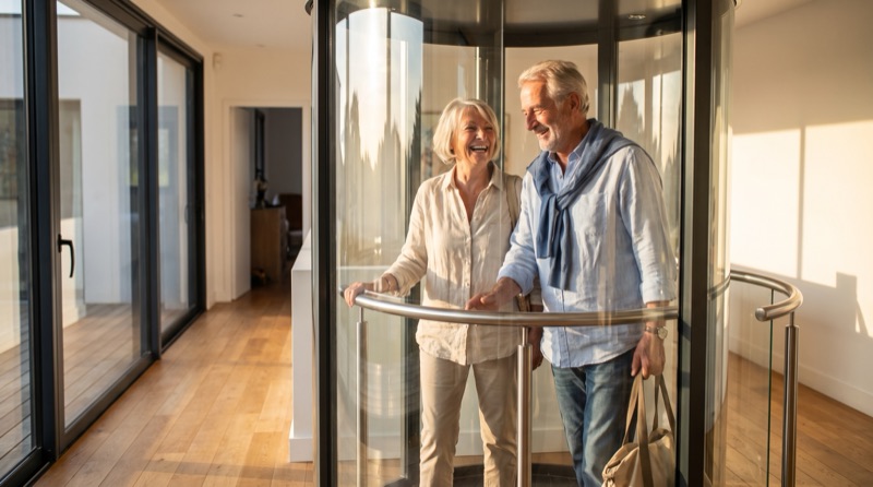 Couple de retraités entrant dans l'ascenseur privatif vitré de leur maison