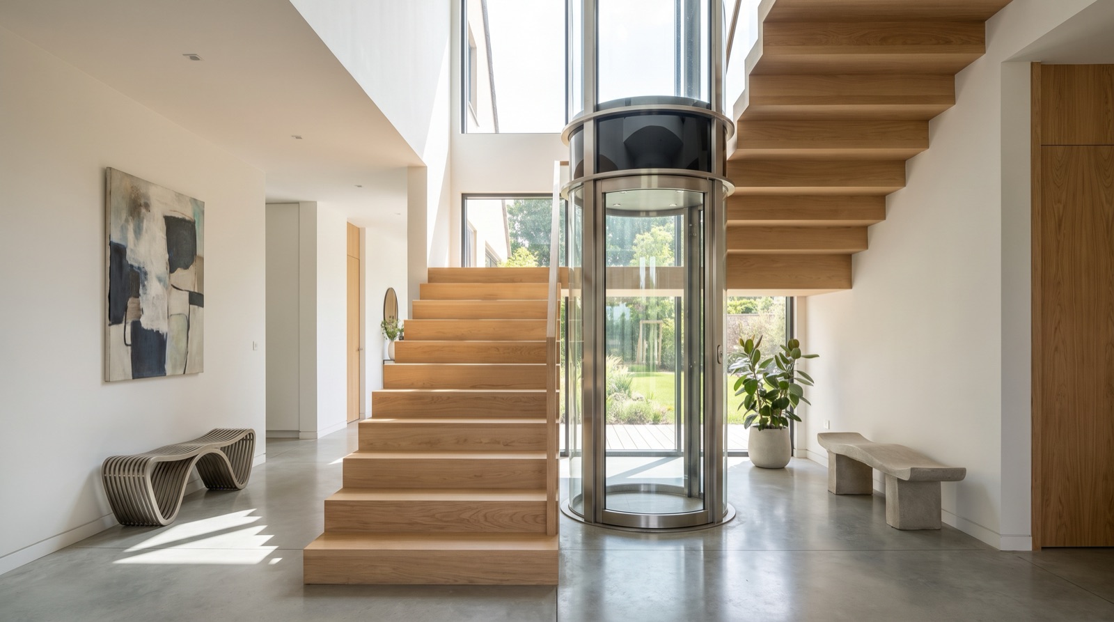 Ascenseur privatif vitré installé le long de l'escalier dans le hall d'une maison contemporaine
